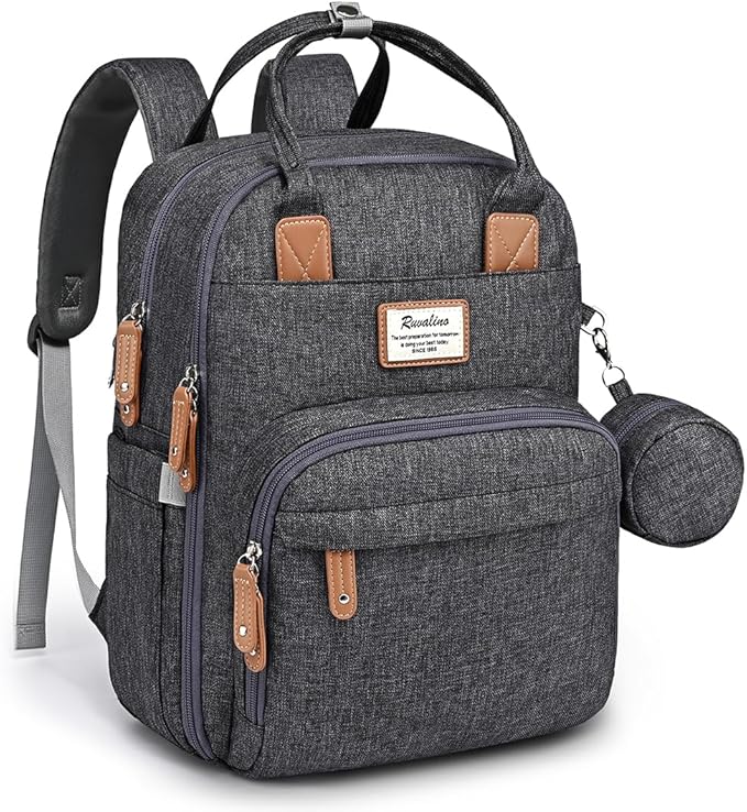 RUVALINO Diaper Bag Backpack, Multifunction Travel Pack Maternity Baby Changing Bags, Large Capacity, Waterproof, Dark Gray