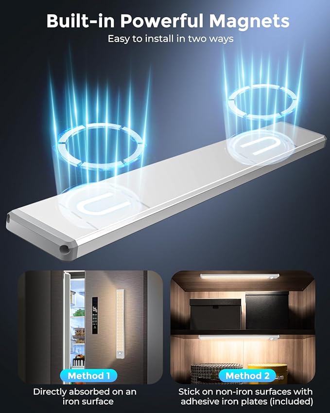 Under Cabinet Lighting - 14.7" Motion Sensor Light Indoor, Magnetic Wireless Closet Lights, Dimmable Led Night Light, Rechargeable Under Counter Lights for Kitchen, Bedroom, Stair, 2 Pack