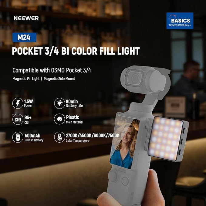NEEWER Basics Bi Color Magnetic Camera Auxiliary Light Compatible with DJI OSMO Pocket 4 & 3, 1.5W Rechargeable Plastic Mini LED Fill Light Attachment for TikTok Vlog Selfie Video Recording, M24