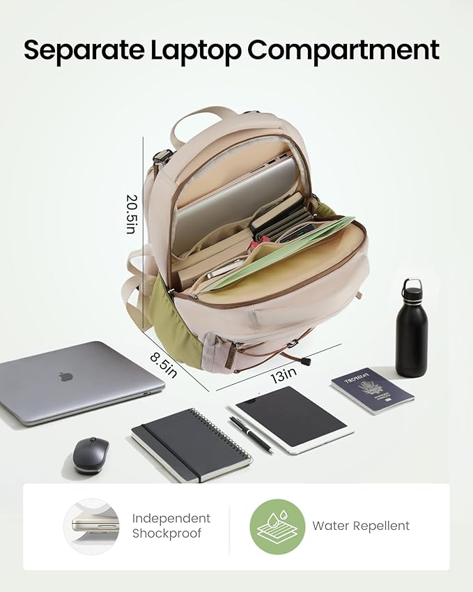 LOVEVOOK Everyday Laptop Backpack for Women & Men With Tumbler Holder,18 Inch Classic Travel Work College Teacher Carry on Backpack Purse,Waterproof Computer laptop Bag Hiking Backpack,Beige-Green