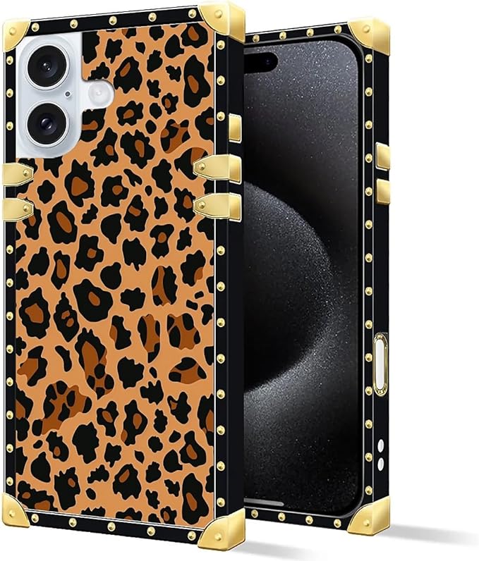 Compatible with iPhone 16 Plus Case, Brown Leopard Texture Luxury Golden Decoration for Girl Women Soft TPU Shockproof Protective Hard PC Back