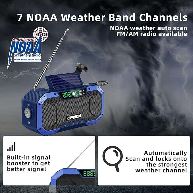 KAYINOW Emergency NOAA Weather Radio, Solar Hand Crank FM AM Radio with Bluetooth Speaker, 5000mAh/18500mWh Battery Powered, Flashlight, IPX5 Waterproof, SOS Alarm for Survival Hurricane Camping