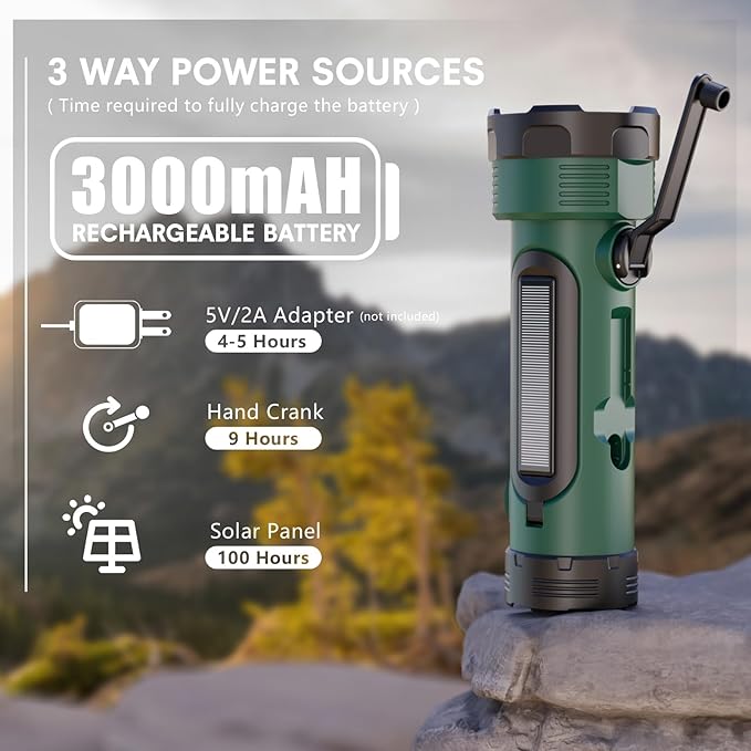 Hand Crank Flashlight, 3000mAh NOAA Weather Radio Flashlights with 3 Way Power Sources, Wind Up Flashlight Hand Crank Cell Phone Charger, Portable Radio AM/FM with Reading Lamp for Emergency/Outdoor