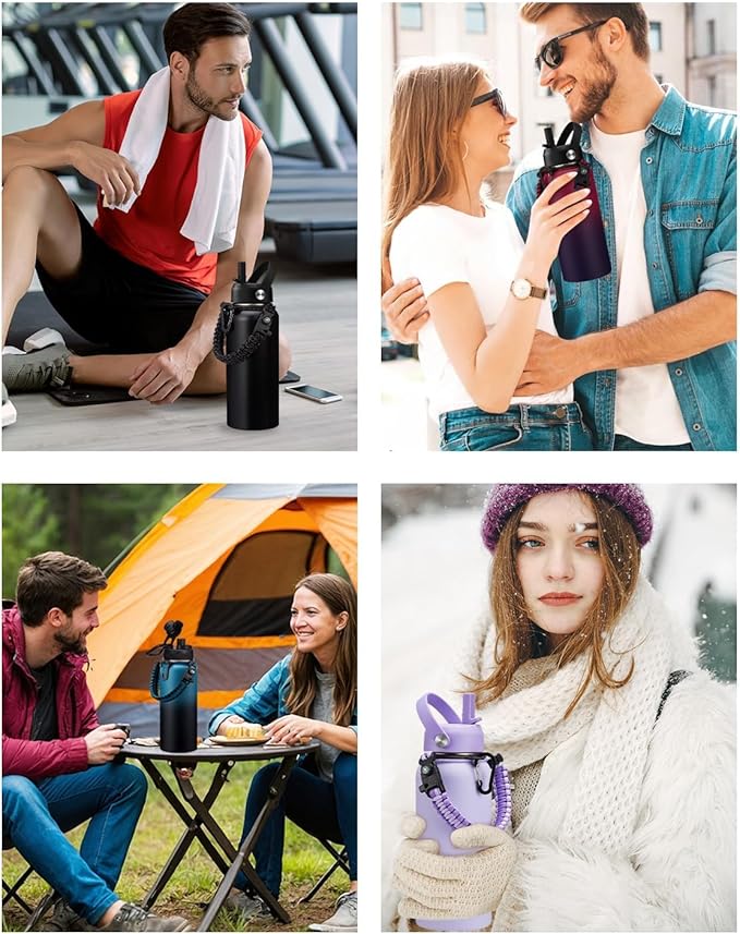 BENZZO 32/40/64/128oz Water Bottle with Straw Auto Spout Lid Keep Cold 48h, Insulated Water Bottles 32 oz with Strap Carrier, Protective Boot & Paracord Handle