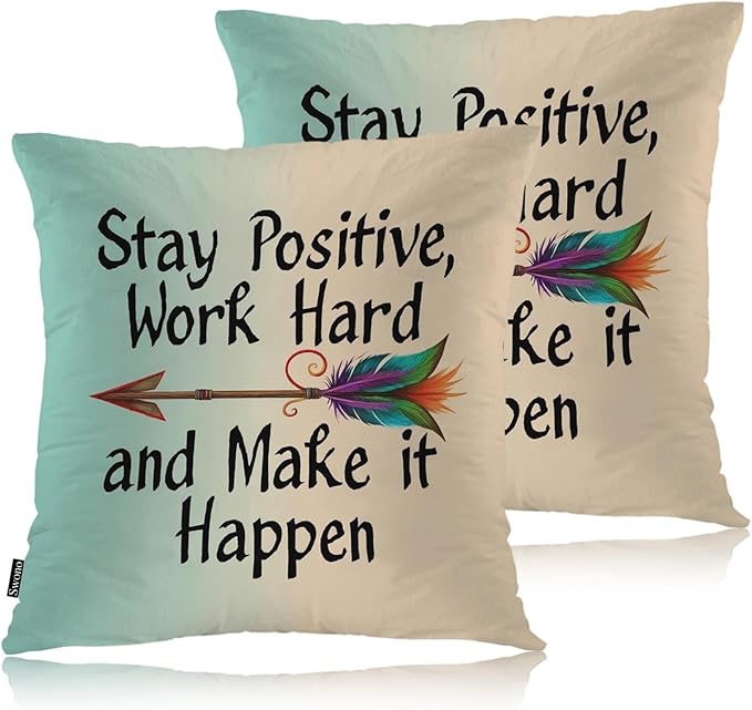 Swono Pillow Covers 18X18 Inch Set of 2 Life Quote, Throw Pillow Cases Stay Positive Work Hard and Make It Happen Arrow Pillowcase Cushion Cover Decorative for Outdoor Home Sofa Bedroom Livingroom