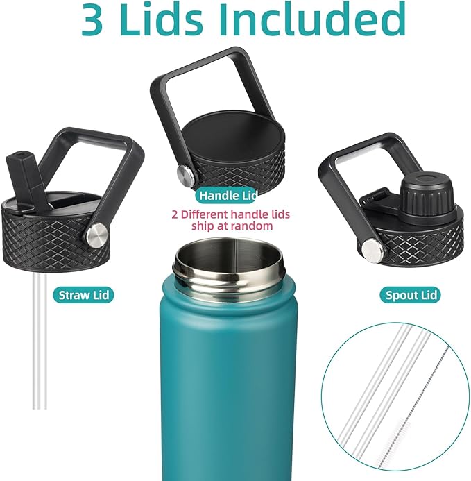 Konokyo Insulated Water Bottle 24oz Stainless Steel Sport Bottles with 3 Lids,Light Blue