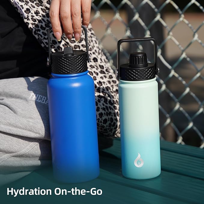 BJPKPK Insulated Water Bottles with Straw Lid, 40oz Stainless Steel Water Bottles with 3 Lids, BPA Free Leakproof Thermo, Tumblers, Cups for Sports, Gym- Blossom