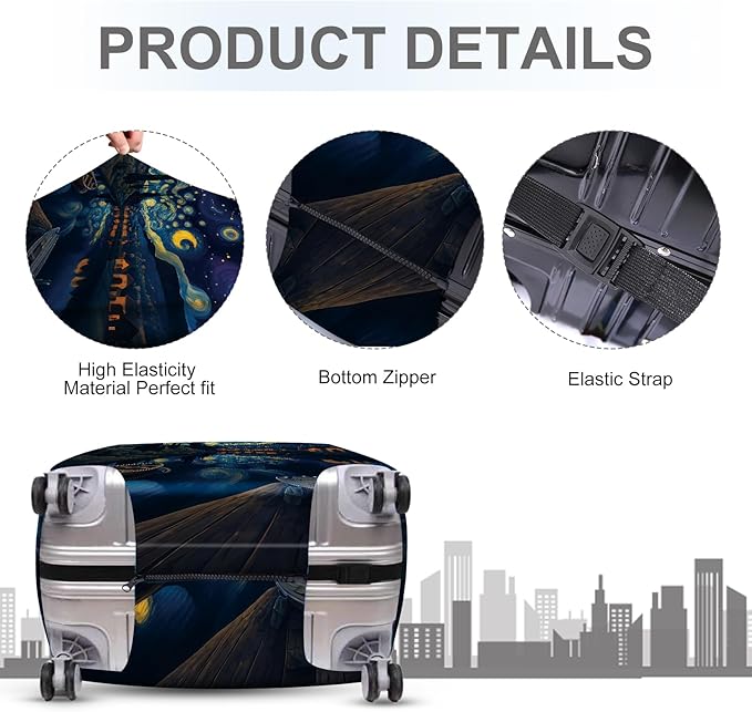 ANNA QUEEN Starry Night Art Luggage Cover, Van Gogh Inspired Suitcase Protector, Washable Stretchable Travel Sleeve for 20-22 Inch Luggage