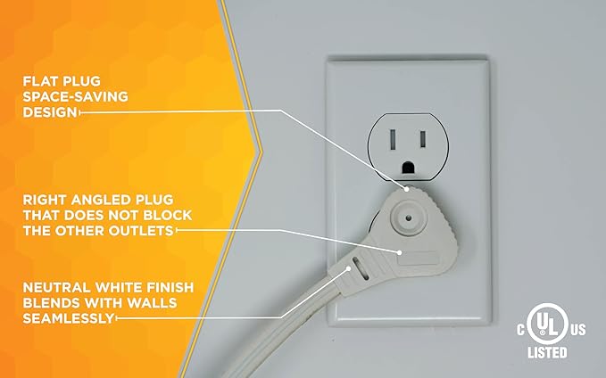 Woods Slimline Angled Flat Plug Extension Cord; Space Saving Flat Design; 3 Grounded Outlets; 13-Foot; 13 Amps; 1625 Watts; 125 Volts; UL Listed; 2232 (Pack of 6)