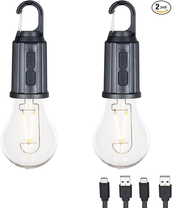 2-Pack Rechargeable Camp Light, Warm White LED Globe Bulb, Battery Powered with USB-C, Shatterproof Globe on Carabiner, 3 Brightness Levels