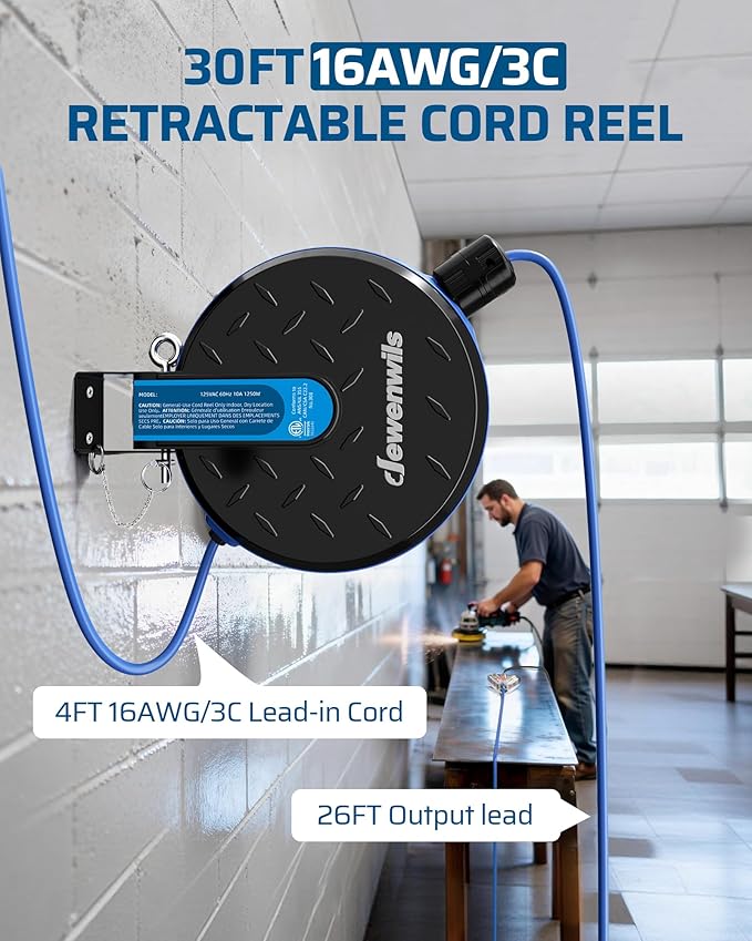 DEWENWILS 30FT Retractable Extension Cord Reel, Ceiling/Wall Mount 16/3 SJTW Power Cord with 3 Lighted Triple Outlets for Garage Shop, 10 Amp Circuit Breaker, Metal Plate, ETL Listed, Blue