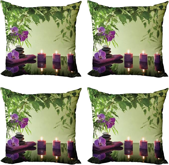 Ambesonne Spa Throw Pillow Cushion Case Pack of 4, Stones Aromatic Candles and Orchids Blooms Treatment Vacation, Modern Accent Double-Sided Digital Printing, 20", Green Purple