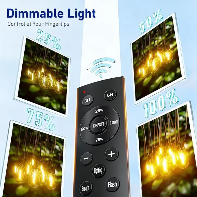 15FT LED Outdoor String Lights with Remote, One Continuous Strand Patio Lights with 8+1 Shatterproof S11 Bulbs, Dimmable 2200K Warm White, Timer & 3 Modes, Low Voltage for Backyard Garden