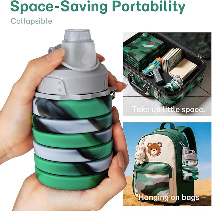 Reusable BPA Free Foldable Silicone Water Bottles for Kids, Students, Adults, Travel Camping Hiking (1pack, Green)