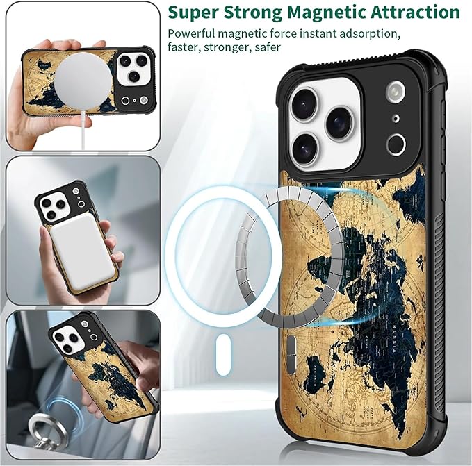 for iPhone 17 Pro Case,for MagSafe Graphic Design for Girl Boy Soft Silicone Hard Acrylic Shock Protection Designed for iPhone 17 Pro Brown World Map Pattern