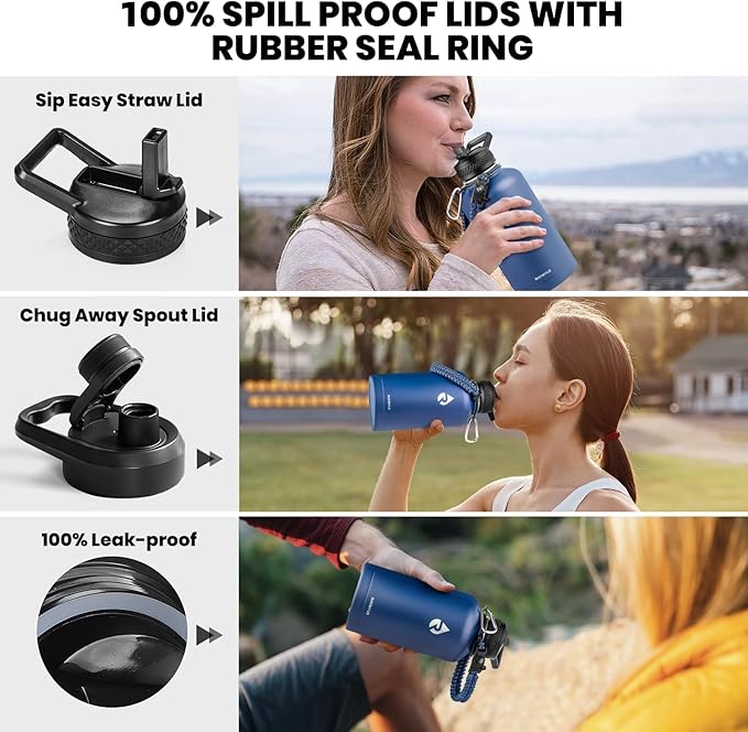RAYMYLO Insulated Water Bottle 64 oz, Triple Wall Vacuum Stainless Steel (Cold for 48 Hrs), Leak Proof & Non-BPA, Half Gallon Water Flask Jug with Paracord Handle & Straw Spout Lids, Navy Blue
