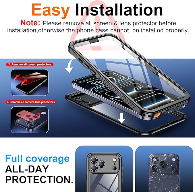 SPIDERCASE for iPhone 17 Pro Case Waterproof, Built-in Lens & Screen Protector, Full Heavy Duty Protection, 12FT Military Shockproof, Dustproof, Anti-Scratched Phone Case,Black/Clear