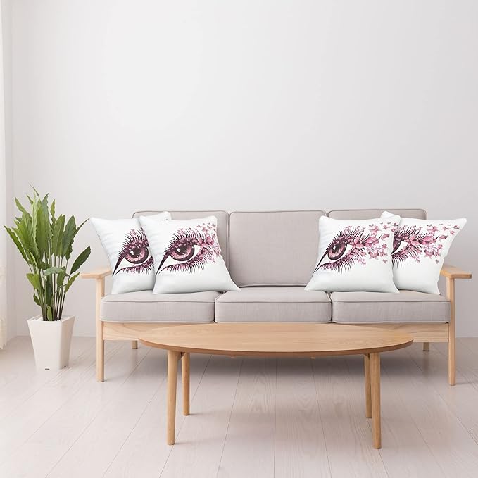 Ambesonne Butterflies Throw Pillow Cushion Case Pack of 4, Female Eye Eyelashes Mascara Stare Party Makeup Animal Print, Modern Accent Double-Sided Digital Printing, 24", Pink White