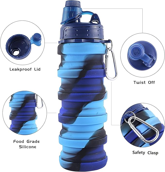Collapsible Water Bottles 2 pack Travel Water Bottle 500ML Silicone Water Bottles. (Blue Camouflage +Yellow Camouflage)