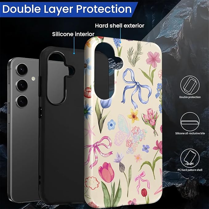 for Samsung Galaxy S25 Plus Case,HL2 Aesthetic Flower Preppy Collage Hybrid 2 Layer Hard Shell Silicone Protective Pattern Design Case