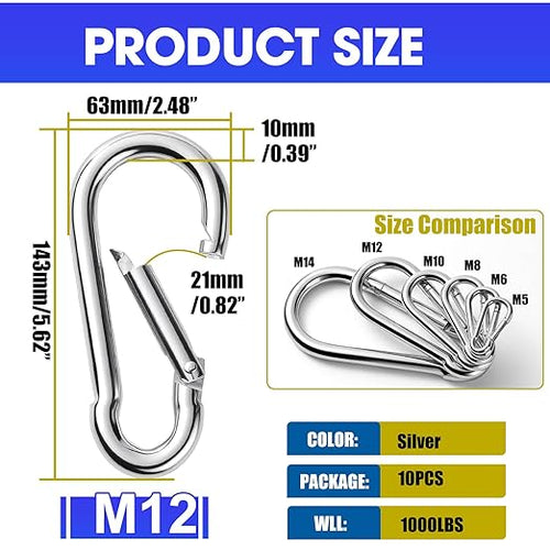 10Pack 5.5 Inch Spring Snap Hooks, Heavy Duty Carabiner Clips for Swing, 12MM 1/2” Quick Chain Link Buckle Clip Keychain Carabiners for Hammock Fitness Gym Boating-1350lbs Capacity