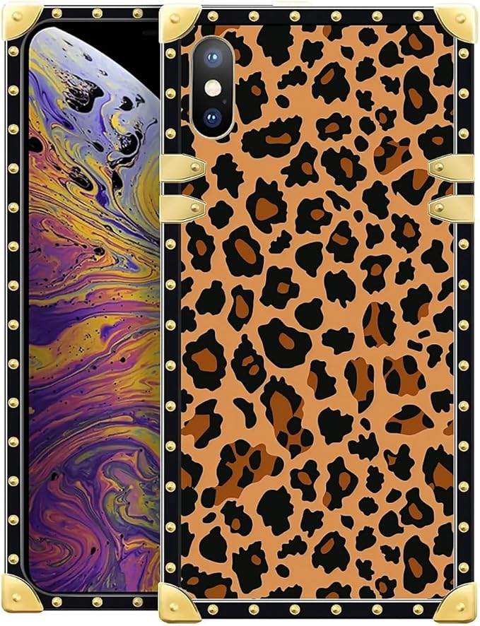 Compatible with iPhone XR Case, Brown Leopard Texture Luxury Golden Decoration for Girl Women Soft TPU Shockproof Protective Hard PC Back for iPhone XR