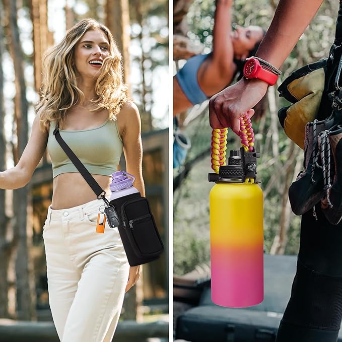 32 oz Water Bottles Insulated with Straw & Chug Lid, Paracord Handle, Strap Carry Bag, Triple Wall Stainless Steel Wide Mouth Thermal Flask for Men Women Gym Outdoor Fitness Sports Hiking, Army Green