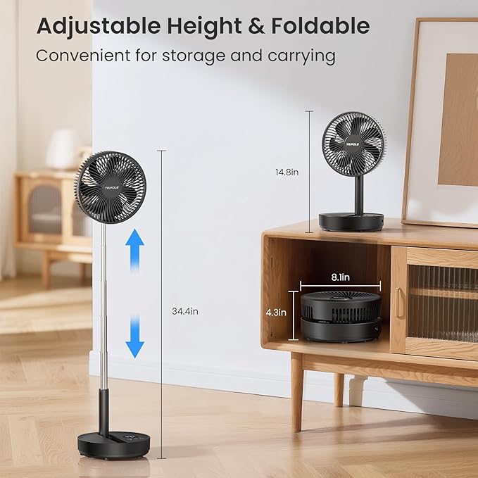 TriPole Portable Standing Fan, 8000mAh Rechargeable Oscillating Fan with Remote, 8.1'' Quiet Pedestal Floor Fan with LED Display & Timer, Foldable Small Desk Fans for Bedroom, Office, Camping, Travel