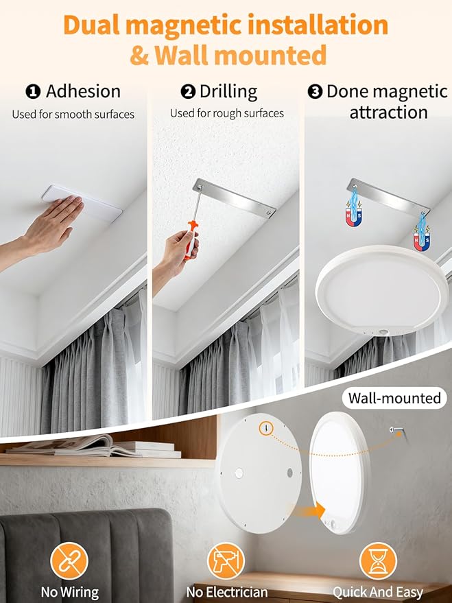 Rechargeable Motion Sensor Ceiling Light with Remote, Magnetic Mount, Cordless, Dimmable 3 Color Temperatures (6500K~3000K), No Wiring LED Light for Closet, Stairs, Hallway, Porch