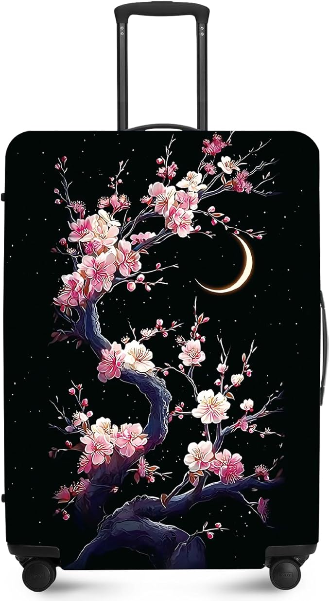 ANNA QUEEN Cherry Blossom & Moon Luggage Cover-Stretchable, Water Resistant & Durable Suitcase Protector,Universal Washable Fit for 32-34 Inch Checked Baggage