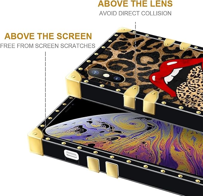 Compatible with iPhone XR Case, Brown Leopard Print Mouth Luxury Golden Decoration for Girl Women Soft TPU Shockproof Protective Hard PC Back for iPhone XR