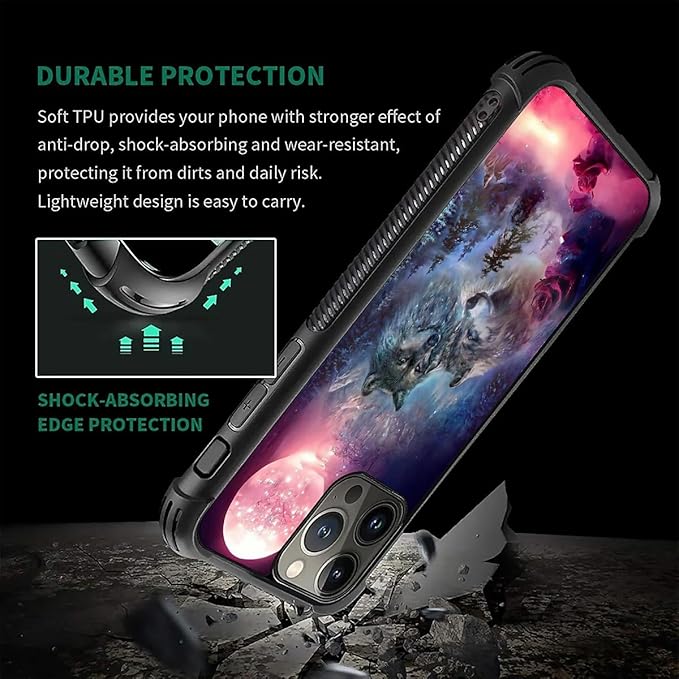 for iPhone 16 Pro Case, Star Two Wolfs Howling Pattern Graphic Design Girl Boy Soft Silicone Hard Acrylic Shock Protection for iPhone 16 Pro