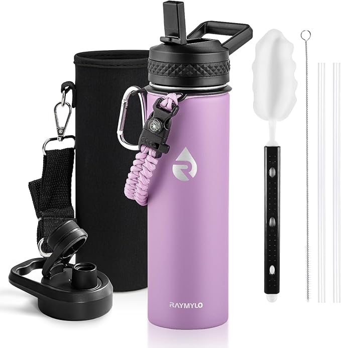 RAYMYLO Insulated Water Bottle 20 oz, Triple Wall Vacuum Stainless Steel (Cold for 24Hrs, Hot for 12Hrs), Leak Proof & Non-BPA, Kids Water Bottle Jug for School with Straw Spout Lids