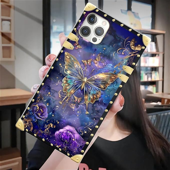 Compatible with iPhone 12 Case, Glistening Golden Butterfly Vibrant Purple Blue Luxury Golden Decoration for Girl Women Soft TPU Shockproof Protective Hard PC Back