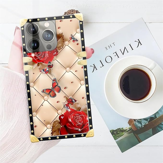 Compatible with iPhone 14 Pro Max Case, Shining Red Rose Butterfly Leather Background Luxury Golden Decoration for Girl Women Soft TPU Shockproof Protective Hard PC Back
