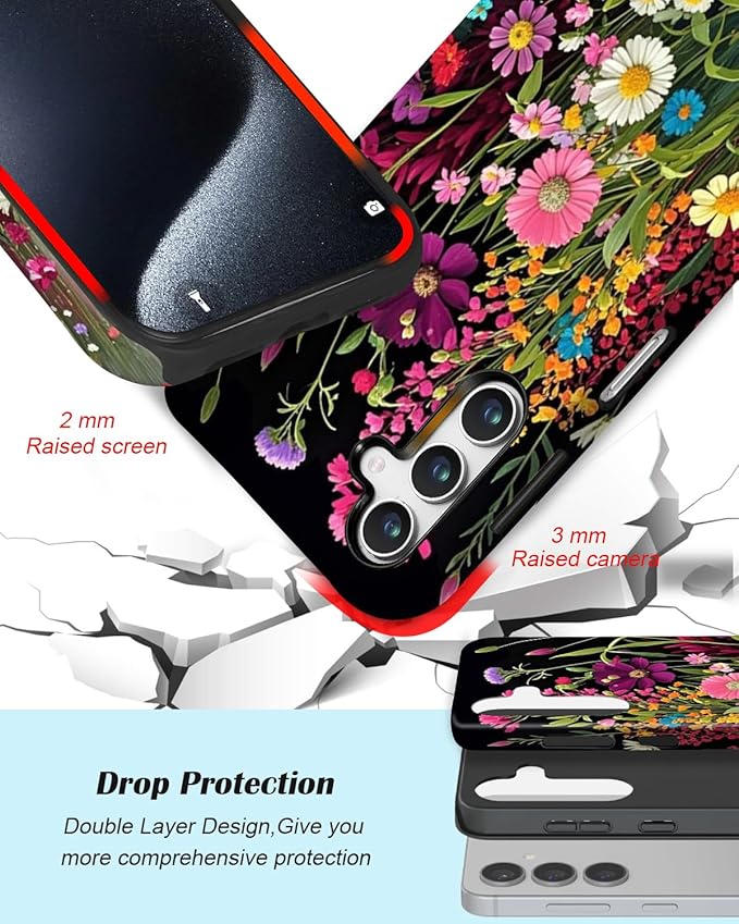 Compatible for Samsung Galaxy A57 5G Case, Dual Layer Heavy Duty 2 in 1 Shockproof Protective Phone Case,Beautiful Wildflowers