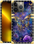 Compatible with iPhone 13 Pro Case, Glistening Golden Butterfly Vibrant Purple Blue Luxury Golden Decoration for Girl Women Soft TPU Shockproof Protective Hard PC Back