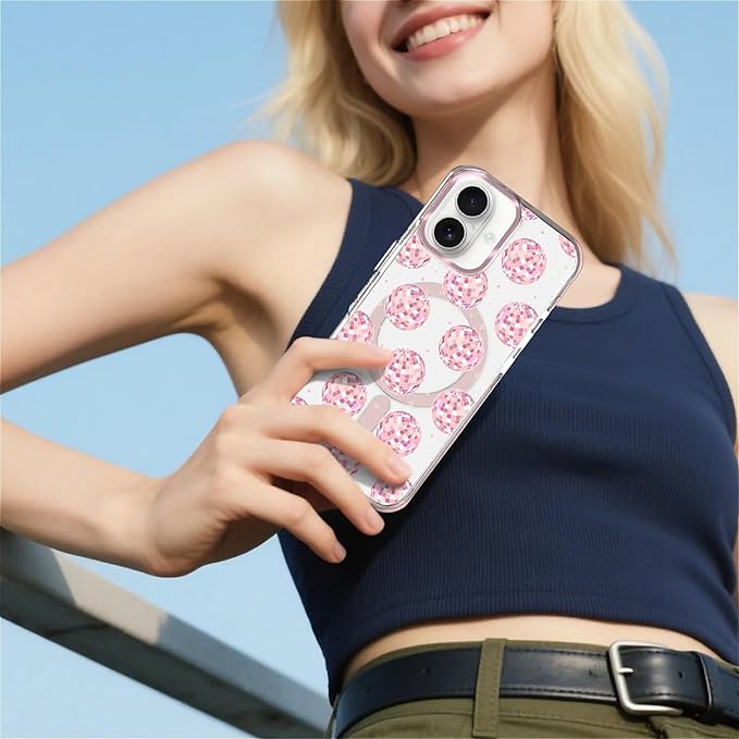 Case for iPhone 16,[Compatible with MagSafe],Disco Balls Pink Phone Case Design，for Women Girls Magnetic Clear Cover - Slim, Sleek, & Shockproof Protection