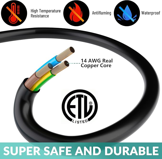 Outdoor Extension Cord 50 Ft with 3 Outlets, 14/3 SJTW 3 Prong Grounded Power Cord, 14 Gauge 14AWG Heavy Duty Power Cable, ETL Listed, 15 Amp 125 V 1875 W-Multiple Outlets for Indoor/Outdoor-Black