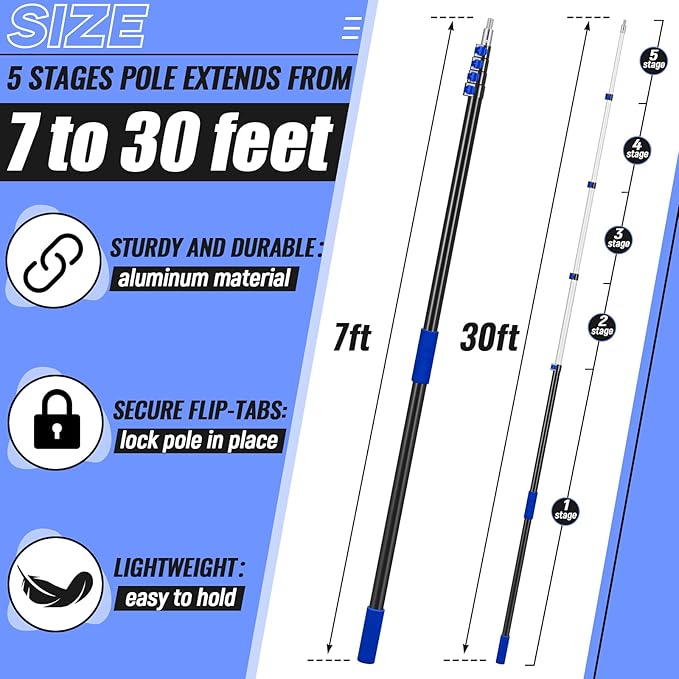 7-30 ft Telescopic Extension Pole with Utility Hook, Multi-Purpose Aluminum Pole for Painting, Dusting and New Year Window Cleaning Christmas Lights Installation Without a Ladder(Blue)
