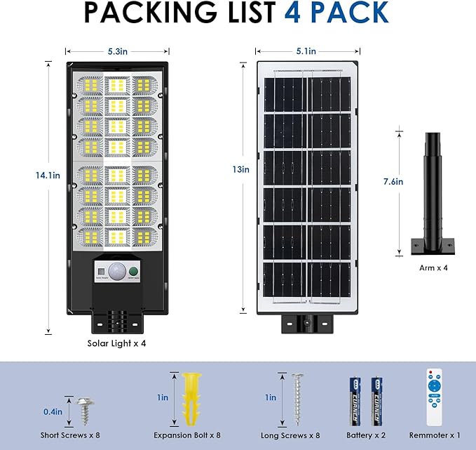 4-Pack Solar Street Lights Outdoor, 20000LM Waterproof LED Solar Flood Lights with Motion Sensor, 6500K Dusk to Dawn Solar-Powered Light Remote Control for Outside, Security Lights for Yard Driveway