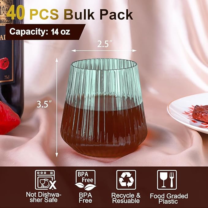 Lueumxc 40 Pack Plastic Ribbed Wine Glasses, 14Oz Origami Disposable Wine Glasses Unbreakable Clear Plastic Cocktail Glasses Recyclable Shatterproof Reusable Wine Cups (14oz-green-40pack)