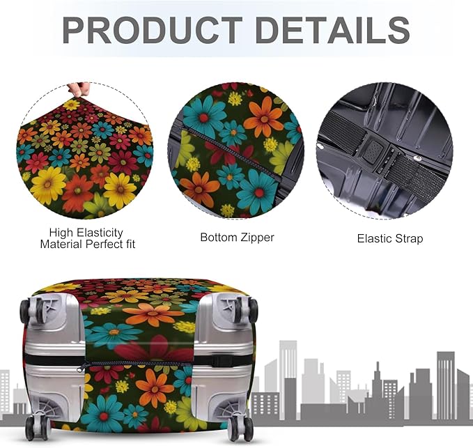 ANNA QUEEN Colorful Flower Luggage Cover, Retro Floral Suitcase Protector, Stretchable Washable Cover for 32-34 Inch Luggage