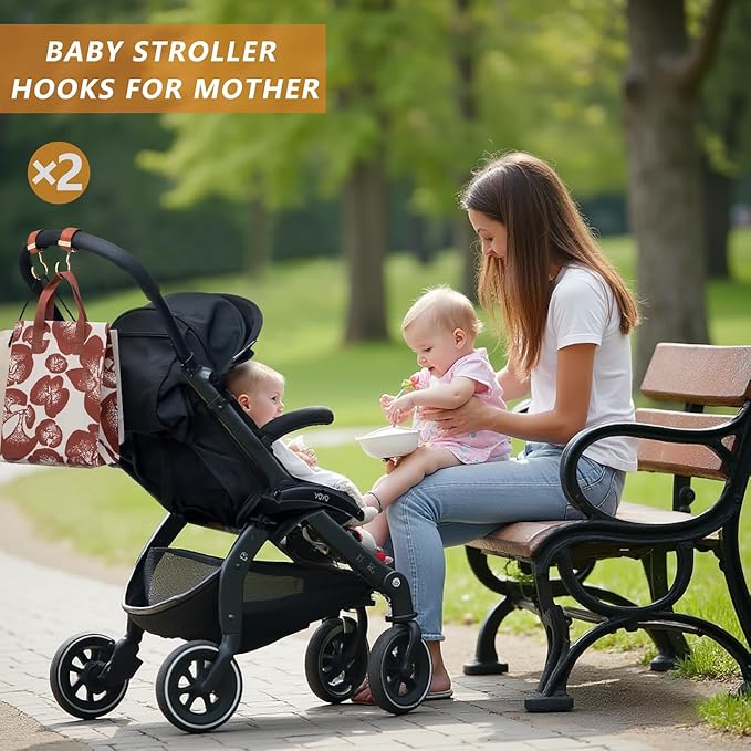2 Pack Stroller Hooks,Strong Synthetic Leather Hook-and-Loop Fastener&High-Quality Metal Hooks,Universal Bag Clip|360° Rotation, 66lb Capacity,Non-Slip-Fits Wheelchair(Pink-Black)
