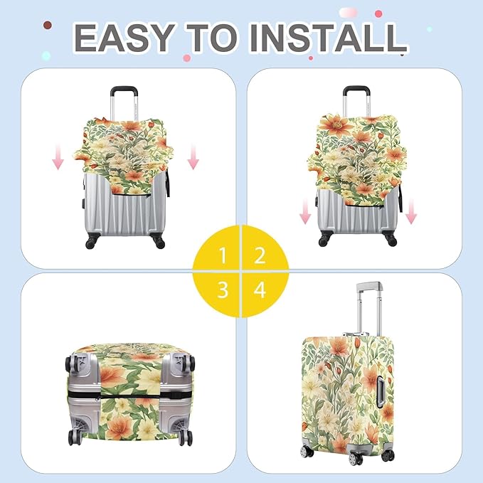 ANNA QUEEN Floral Botanical Luggage Cover, Vintage Flower Suitcase Protector, Washable Stretchable Travel Cover for 24-26 Inch Luggage