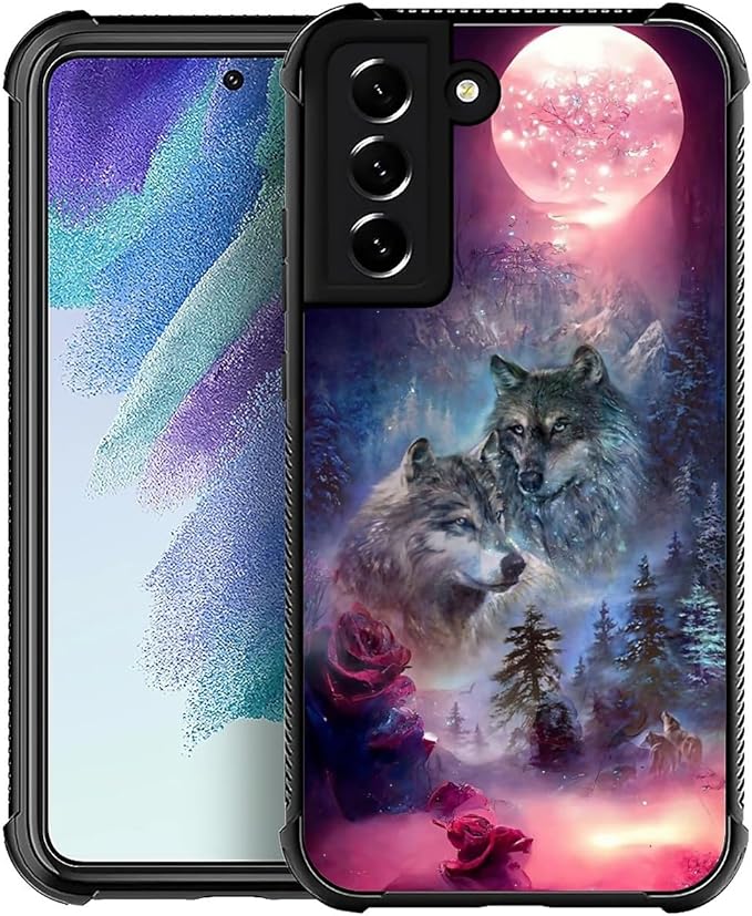 for Samsung Galaxy S21 Case, Star Two Wolfs Howling Pattern Graphic Design Girl Boy Soft Silicone Hard Acrylic Shock Protection for Samsung Galaxy S21
