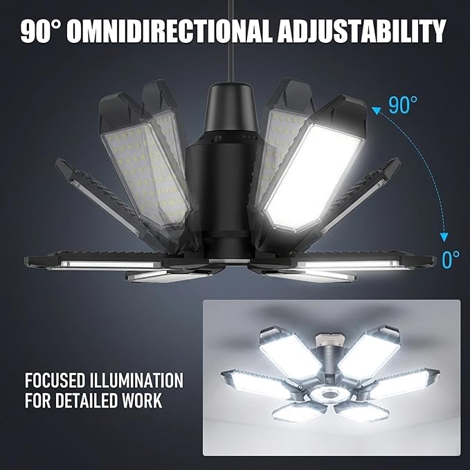 BRAINIAC 100W LED Garage Lights, 10000LM Super Bright Shop Lights with 6 Adjustable Panels, Deformable Garage Ceiling Light Bulb for Workshop, Barn, Basement, Warehouse 2 Pack