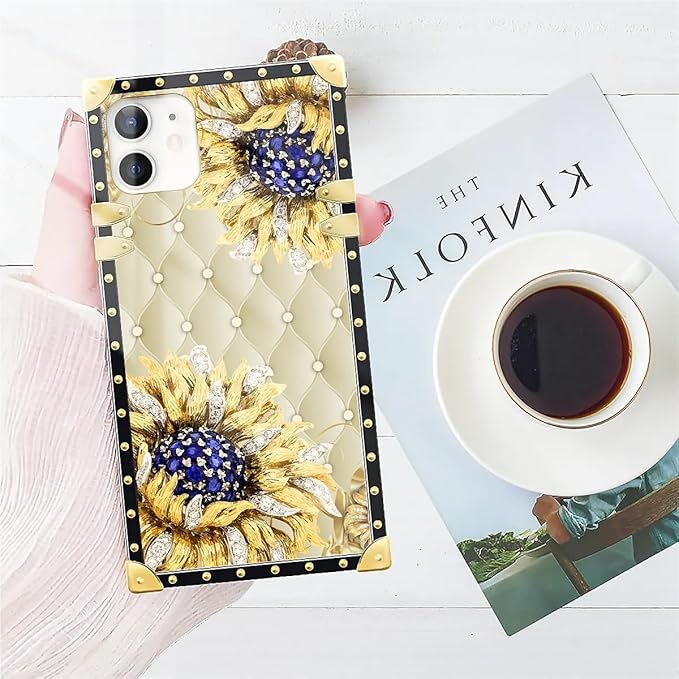 Compatible with iPhone 11 Case, Sunflower Diamonds Leather Luxury Golden Decoration for Girl Women Soft TPU Shockproof Protective Hard PC Back for iPhone 11
