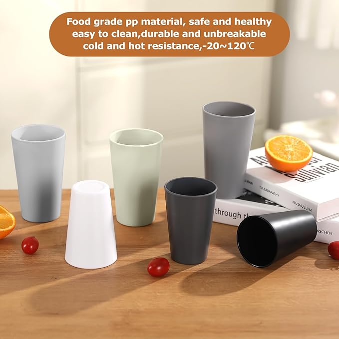 HEYCOME 24 Pcs Unbreakable Plastic Cups Set, 20 oz Reusable Plastic Cups, Stackable Water Tumblers, Drinking Cup for Kitchen, Outdoor, BPA-free, Dishwasher Refrigerator and Microwave Safe, White