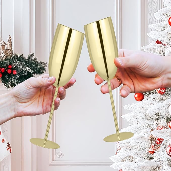 TJ Champagne Glasses Set of 4 Stainless Steel Champagne Flutes 8.5 oz Unbreakable Gold Champagne Glasses Reusable Indoor Outdoor Travel Drinkware for Party Wedding Christmas Anniversary Birthday